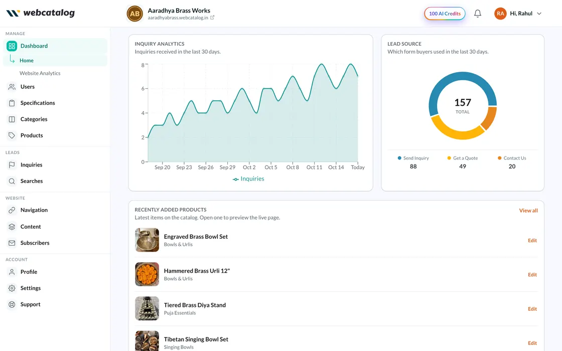 WebCatalog dashboard with a 30-day inquiry chart, lead source breakdown and recently added products