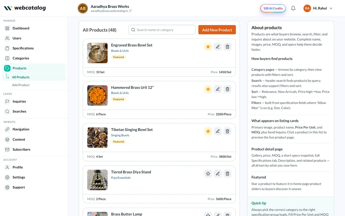 WebCatalog dashboard product list with brassware products, prices and MOQ