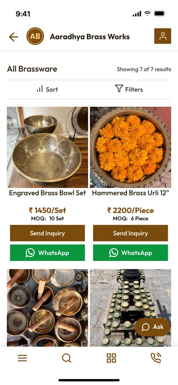 Live catalog storefront on mobile showing brassware listings with Send Inquiry and WhatsApp buttons