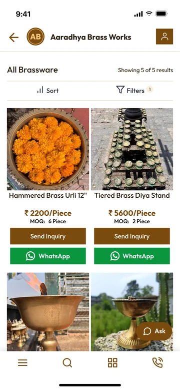 WebCatalog storefront on mobile showing brassware filtered by a Material specification filter