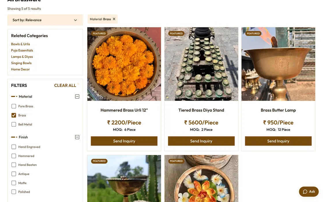 Catalog storefront category page with Material and Finish specification filters applied